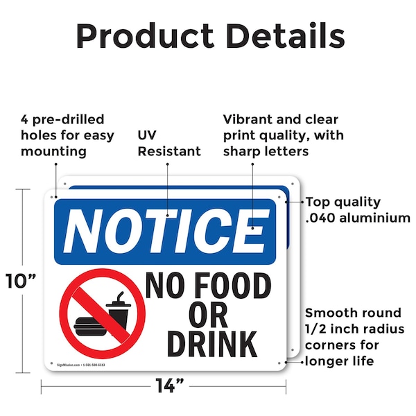 No Food Or Drink, 14 In W X Rectangle, Aluminum